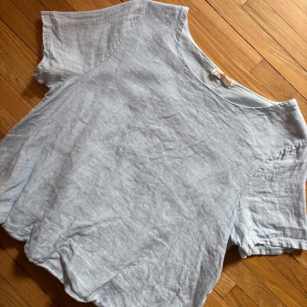 100% Linen Women Shirt Bubble Hem L Blue Minimalist Coastal Italy Spighe di Lino